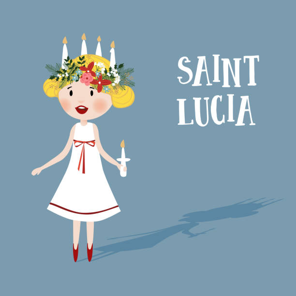 Little blonde girl with floral wreath and candle crown, Saint Lucia. Swedish Christmas tradition, vector illustration background. Flat design.