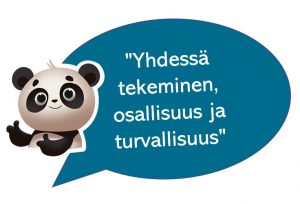 Panda ja puhekupla jossa teksti Yhdessä tekeminen, osallisuus ja turvallisuus.